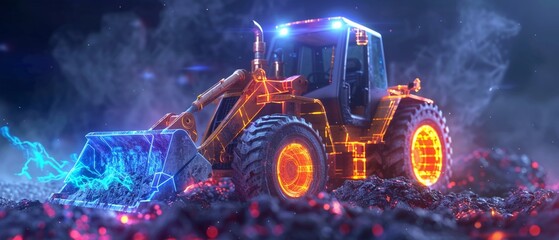 Skid steer loader, Construction equipment conception, futuristic background - obrazy, fototapety, plakaty
