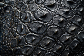 Close-up shot capturing the intricate patterns and textures of a dark, genuine crocodile skin suitable for high-quality backgrounds and designs
