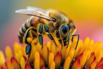 Bee macro flower pollen. Macro insect. Generate Ai