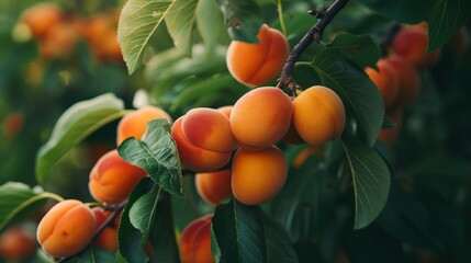 ripe apricots on a branch close-up, juicy fruits hanging from the branches
