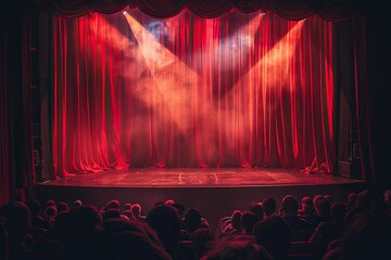 Theater curtain on wooden stage with smoke, creating a magical atmosphere