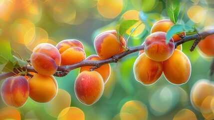 Ripe apricots hang on a branch in the sun