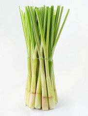 Lemongrass Fresh stalks of lemongrass, side view, highlighting their texture and vivid green color, isolated on white blackground.