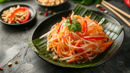 Thai food, Papaya salad on black plate, Close up papaya salad spicy with green leaf background