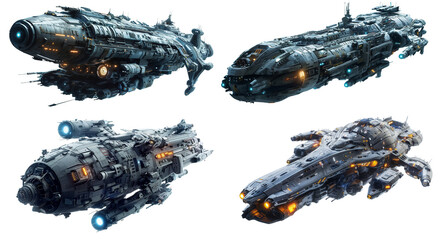 Set of spaceships isolated on transparent and white background