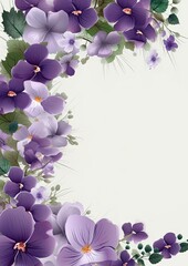 Card border: Purple Flowers and Green Leaves on White Background