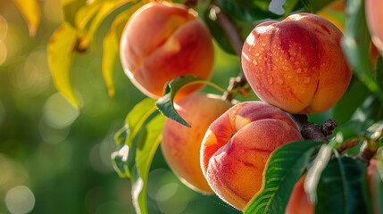 ripe peach on a branch, close-up
