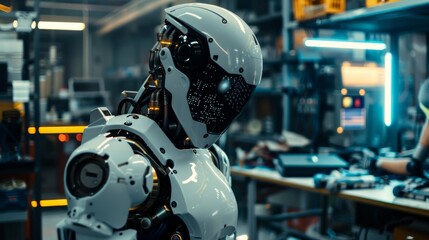 Fototapeta premium Advanced humanoid robot programming itself, workshop filled with robotics parts and AI-driven computers, with a focus on the robot's AI core glowing, cinematic lighting