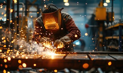Worker is welding metal in factory