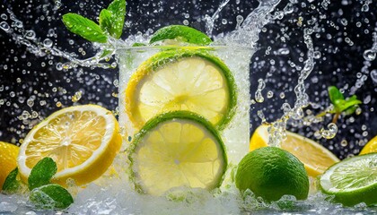 lemon and lime, "Fizzing Citrus Bliss: Lemon and Lime Slice Symphony in Sparkling Water"