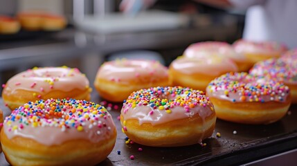 Freshly prepared delicious donuts with glaze and colorful sprinkles in the kitchen. National Donut Day
