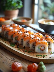 Healthy vegetable Sushi surrounded by sushi plates close-up view
