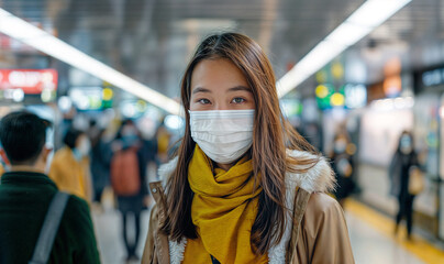 young asian woman wearing a covid/ disposable surgical mask in public area - airport / train station / metro/ subway area	