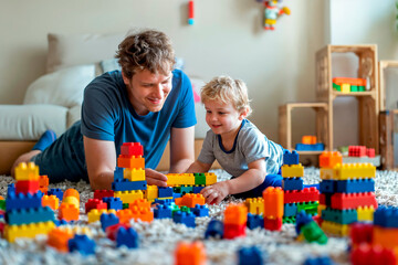 Father and son playing with blocks on fathers day. Generative AI