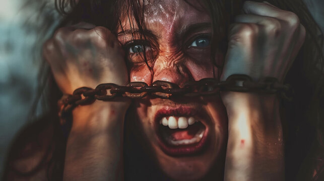An girl wrists forcefully bound with a rusty chain, symbolizing the struggle against human trafficking