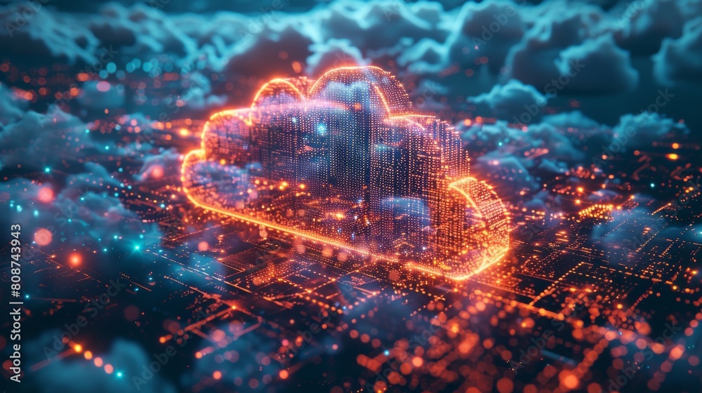 Poster cloud-based erp system, aerial view of data flow between departments, abstract and colorful visualiz