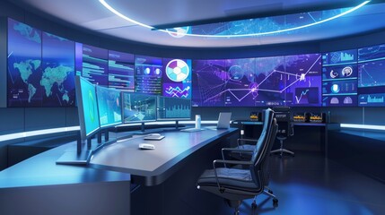 Command center with multiple screens displaying ERP dashboards, surrounded by a high-tech control room environment,