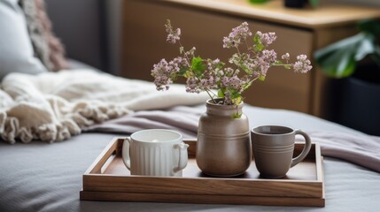 Coffee cup on wooden tray on bed in bedroom interior