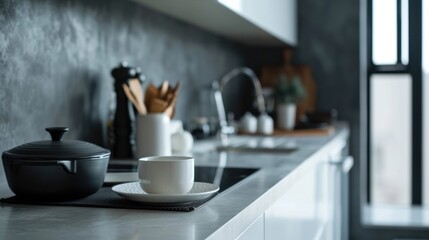 Cup of coffee on countertop in modern kitchen, closeup.