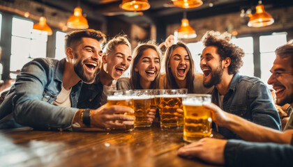 group of people cheering and drinking beer at bar pub table -Happy young friends enjoying happy hour at brewery restaurant-Youth culture-Life style food and beverage - Powered by Adobe