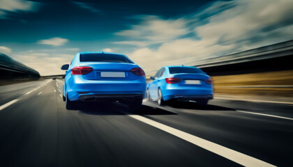 Rear view of blue Business car on high speed in turn. Blue car rushing along a high-speed highway.