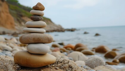 Balanced Stone Stack on Rocky Beach Ocean