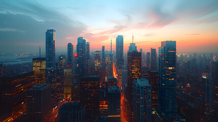 A photo featuring a bustling city skyline at twilight. Highlighting the illuminated skyscrapers and bustling streets below, while surrounded by the glow of city lights