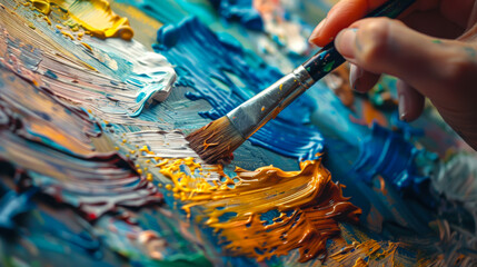 Obraz premium Close-up of the artist's hand with a brush and a palette of oil paints, sliding across the canvas. The artist paints in oils. Art concept.