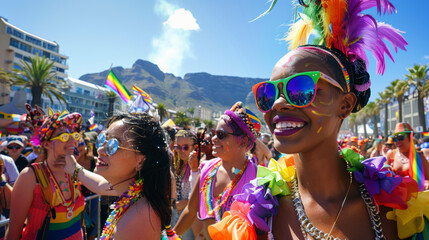 Obraz premium A colorful Pride parade in Cape Town, diverse participants under the bright sun, Table Mountain in the background, energetic and hopeful mood, Photography, panoramic shot with a high-definition camera