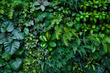 Wall Of Plants. Various Green Leaf Tropical Plants with Flowers for Natural Garden Background