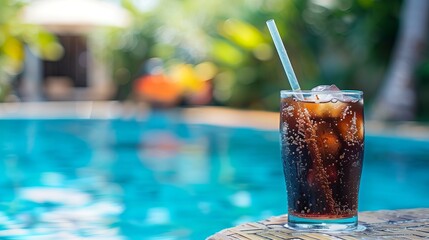 glass of iced drink with a straw, placed on the edge of a swimming pool. 