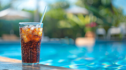 Glass of iced tea against the backdrop of a sea beach with palm trees