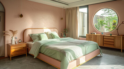 Light-filled bedroom with soft pink walls, a king bed in green linens, and a unique round window.