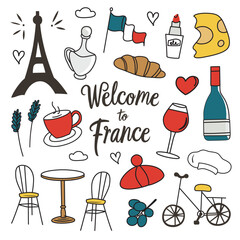France symbols collection, icons of Eifel tower, cheese, croissant, traveling in Paris, tourism vector illustrations, famous French places, set of wine, baguette and flag doodles