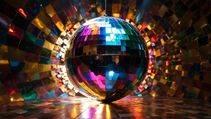 A dazzling disco ball spins colorful light reflections around the dance floor