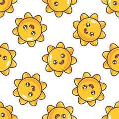 Orange and yellow kawaii little sun with smiling face on white background. Vector seamless pattern.
