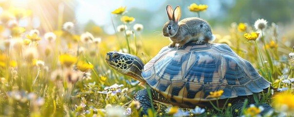 A humorous stock photo of a fast turtle carrying a rabbit on its back across a sunny meadow, depicting an unusual animal friendship and teamwork