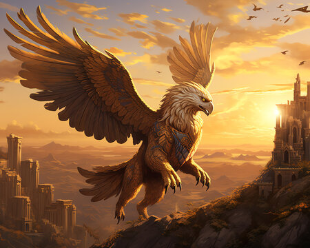 A majestic gryphon soars over a fantasy landscape with a castle in the distance.