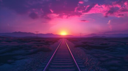 Evocative 3D image of a railway track under a sprawling sunset, the sky painted with deep purples and pinks, offering a serene travel backdrop