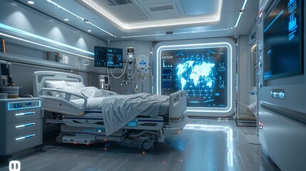 Hospital room with IoT devices monitoring patient health, doctors using real-time data analysis, clean and modern style