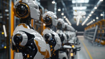 Fototapeta premium Humanoid Robots at Work, robots performing tasks in an industrial setting, realistic detail, industrial backdrop