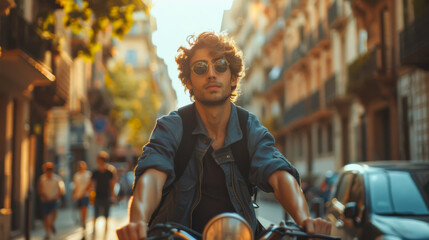 Portrait of a young guy riding a bicycle around the city. Happy man enjoying good weather while riding bicycles. Walking concept. Active lifestyle.