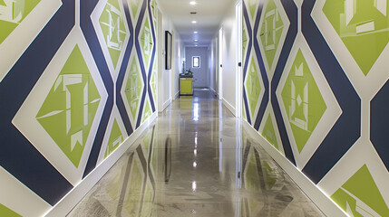 Contemporary passageway with bold lime and navy wallpaper and polished concrete floors.