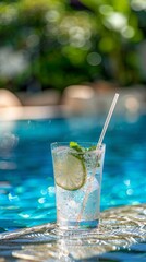 glass of cocktail with a straw, placed on the edge of a swimming pool. 