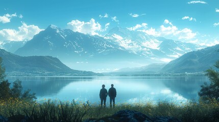 Scenic landscape with IoT sensors collecting environmental data, technicians reviewing data on tablets, realistic and natural