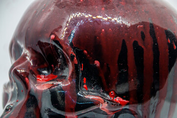 Skull eyes close-up with flowing red paint and paint drops	
