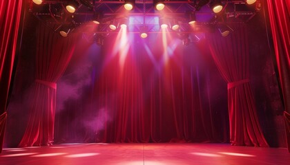 A dramatic red-lit stage with spotlights and a curtain backdrop, creating a theatrical environment suitable for shows or presentations in a luxurious setting