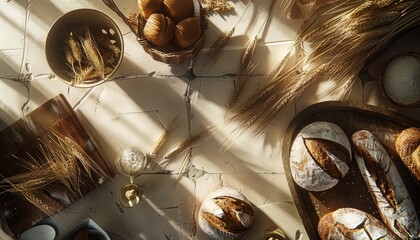 A top view of a bakery setting with fresh bread loaves and wheat, evoking a rustic and wholesome atmosphere ideal for food-related displays