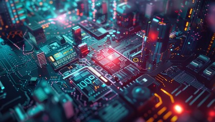 A digital themed background focusing on AI and cryptocurrency trading, featuring elements like robots, semiconductors, and a dynamic 3D data visualization