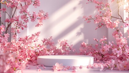 A spring-themed podium surrounded by pink flowers, set against a backdrop designed for beauty product displays or floral presentations